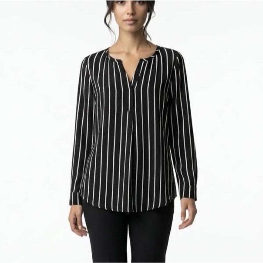 Women’s Black White Striped Blouse Long Sleeve Work Office Casual Top Size Small